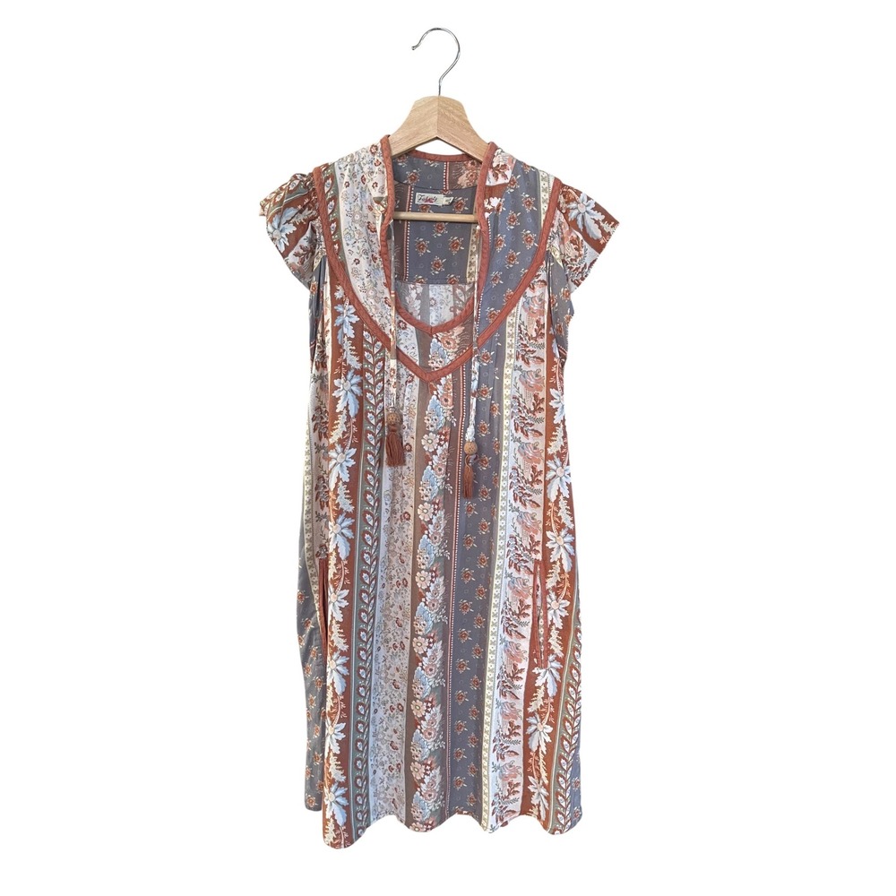 Faherty Patchwork Floral Mini Dress Womens XS Multicolor Rayon Tassel Boho Trim